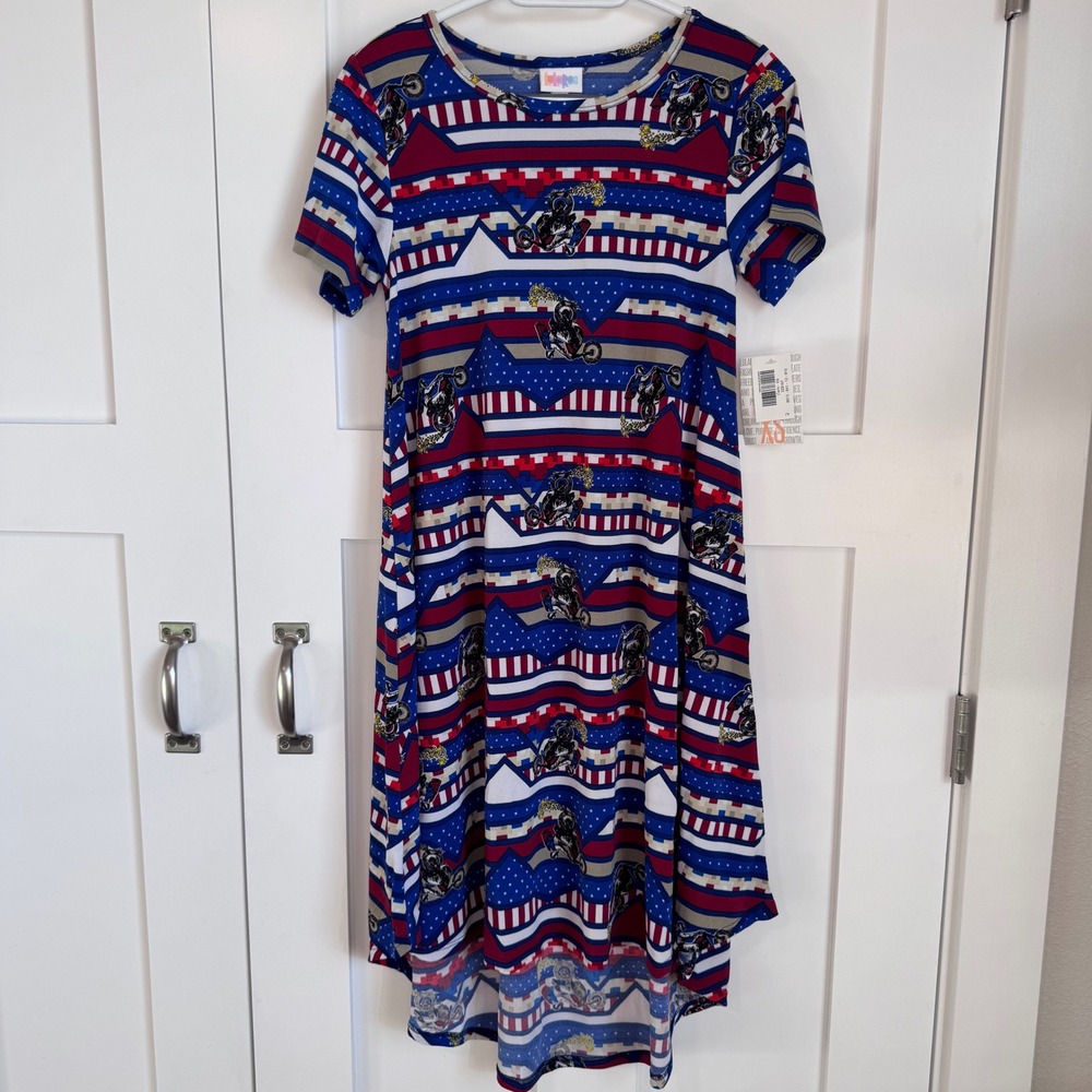 NWT LuLaRoe Carly Dress‎ Women's Size XS Patriotic Dirt Bike Print Evil Knievel